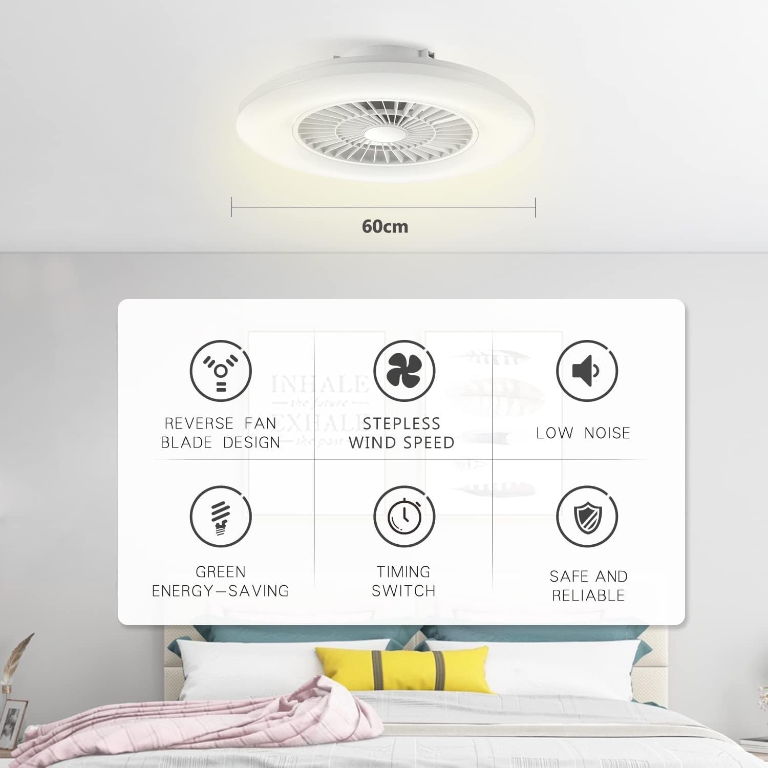 Smart LED Ceiling Fan Light, Stepless Speed & Dimming 3000-5500K, 60CM White