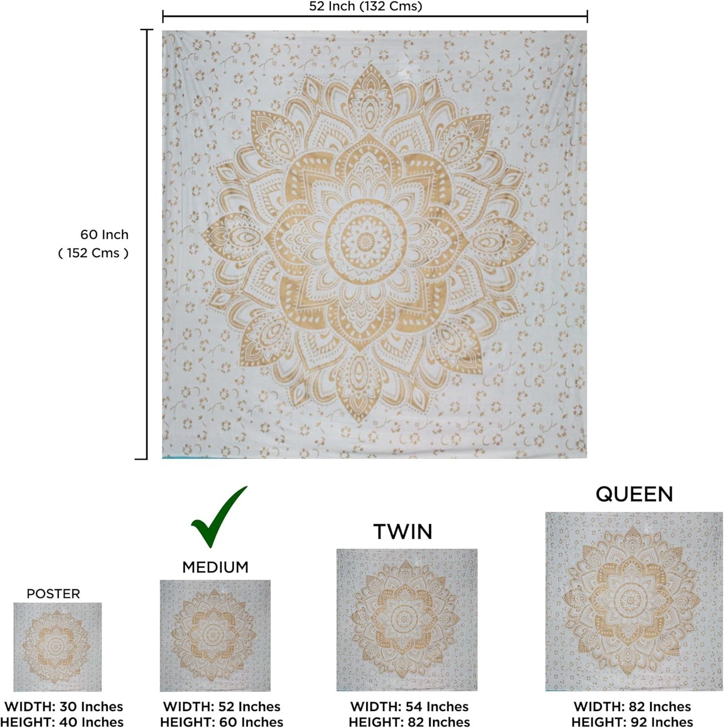 Metallic Gold Mandala Tapestry 52x60in Boho Wall Hanging Cotton