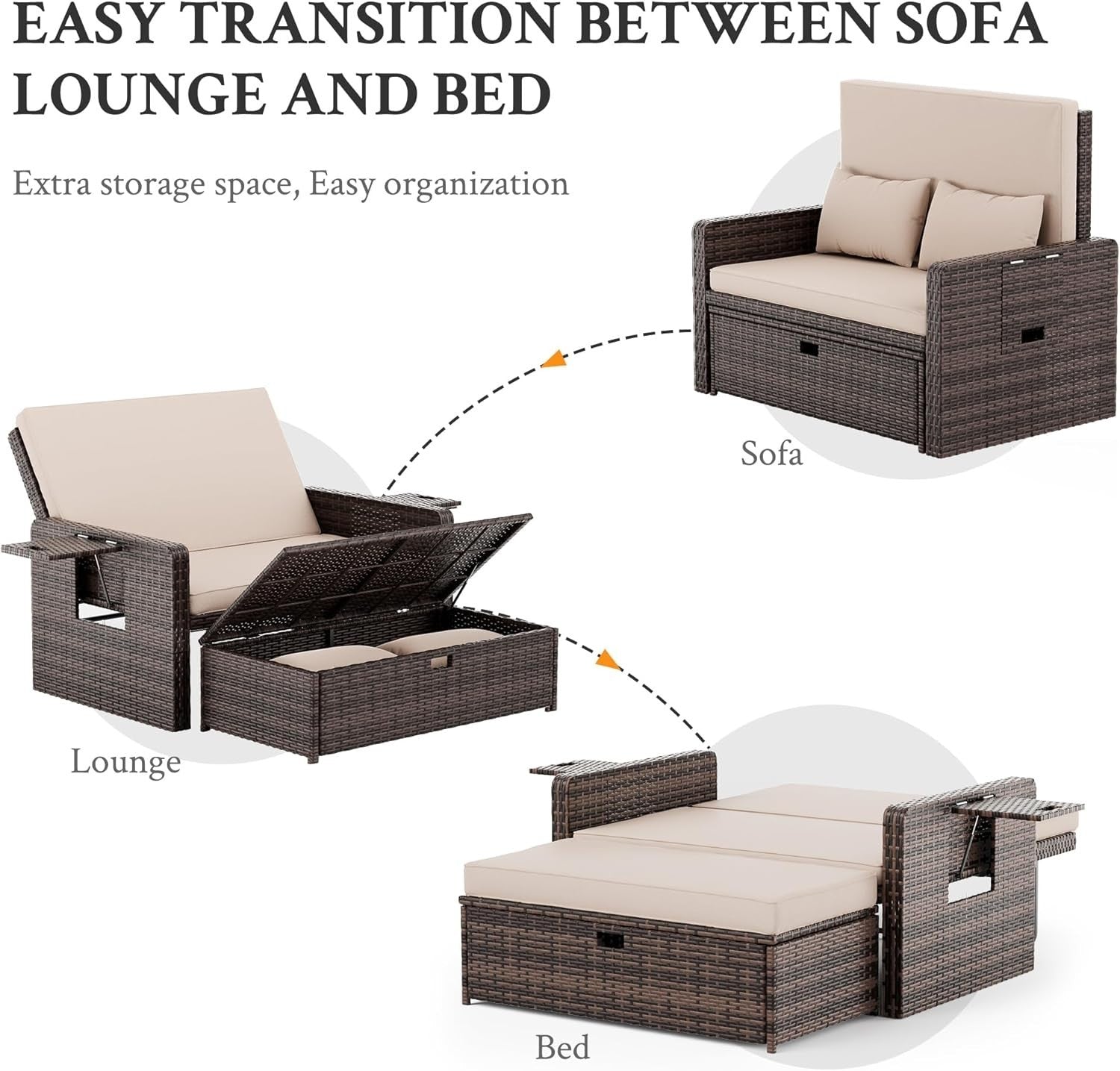 Rattan Daybed Sofa Set Storage Ottoman Cushions Tray Patio Garden Seat