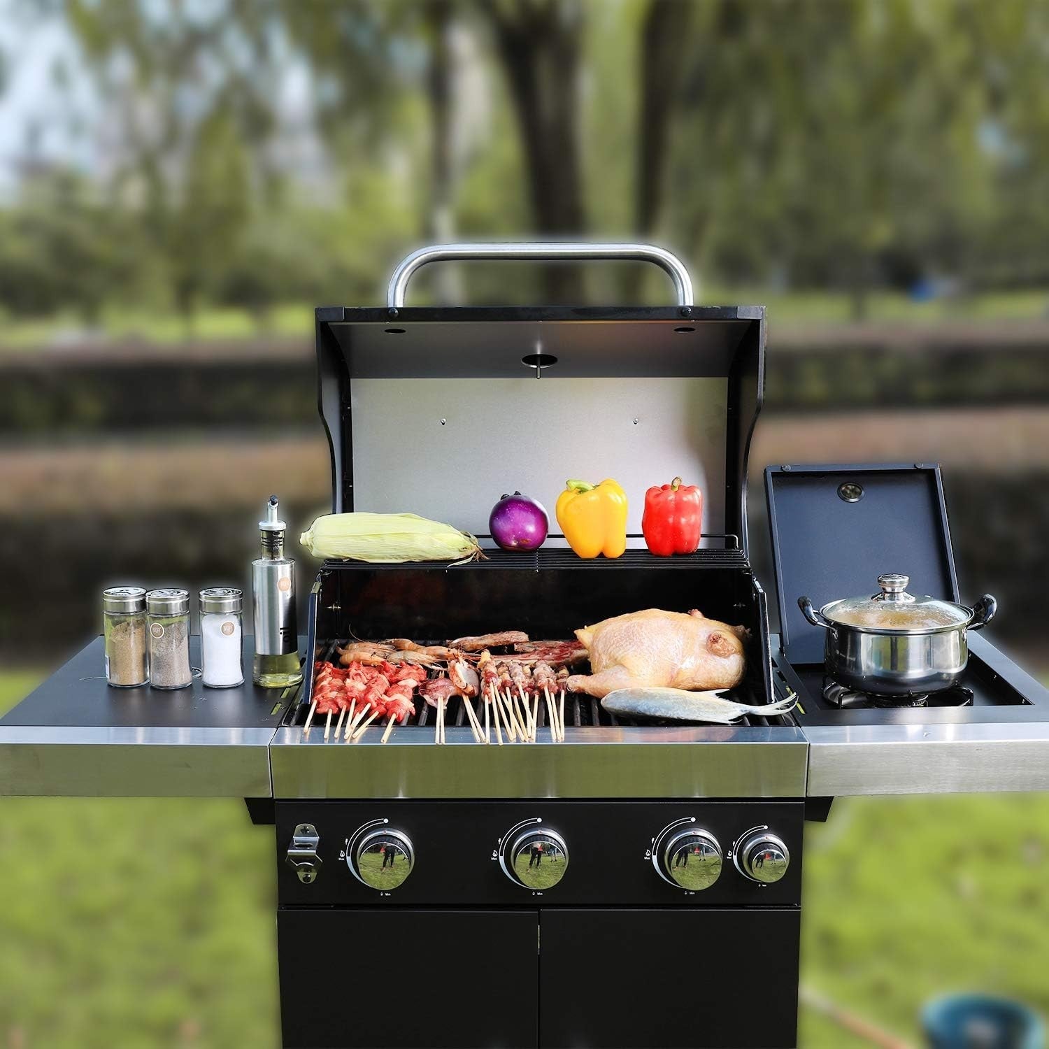 4 Burner Gas BBQ Grill with Side Burner, Storage Cabinet & Thermometer Outdoor