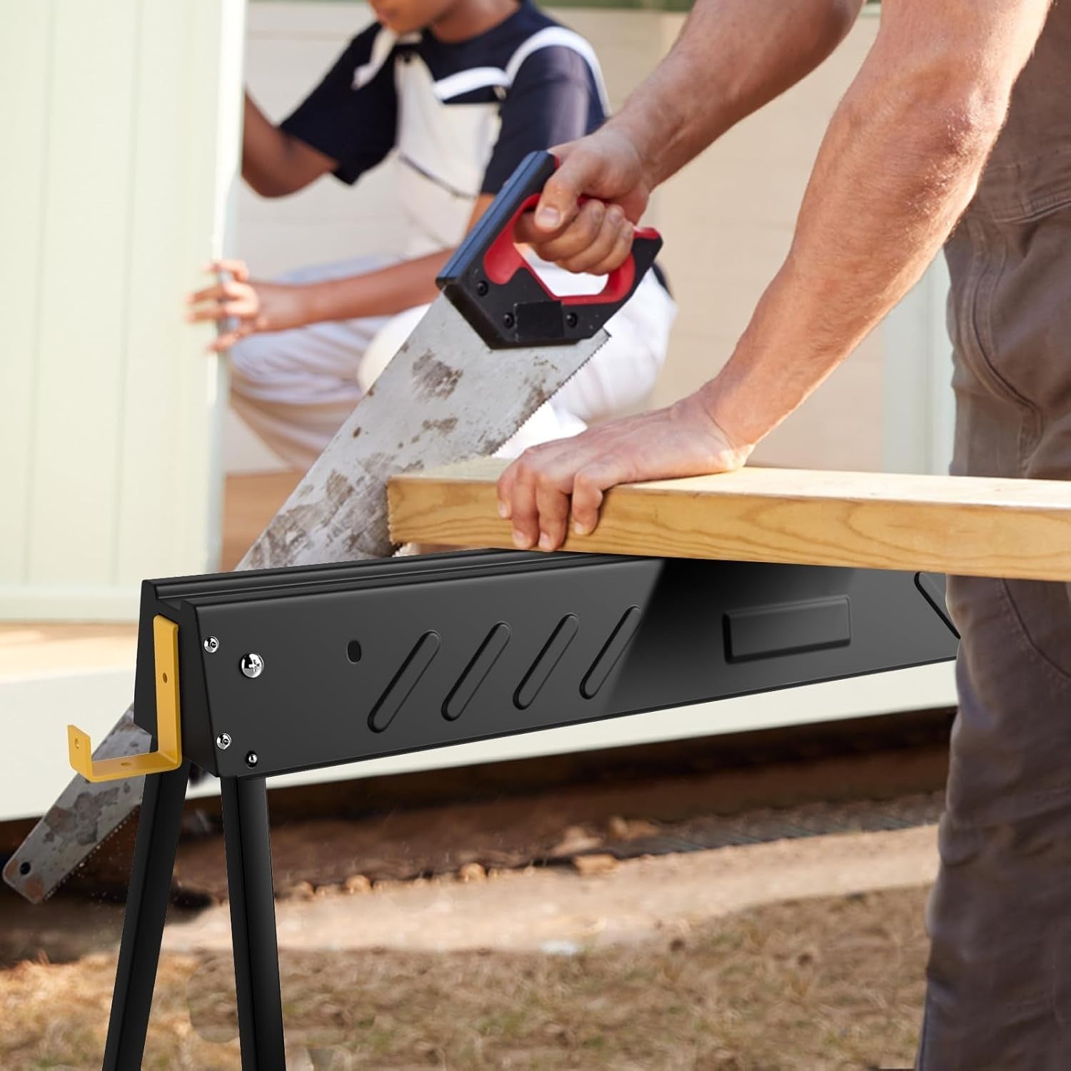 1000kg Folding Saw Horses Pair Heavy Duty Metal Trestles 2x4 Support Hooks