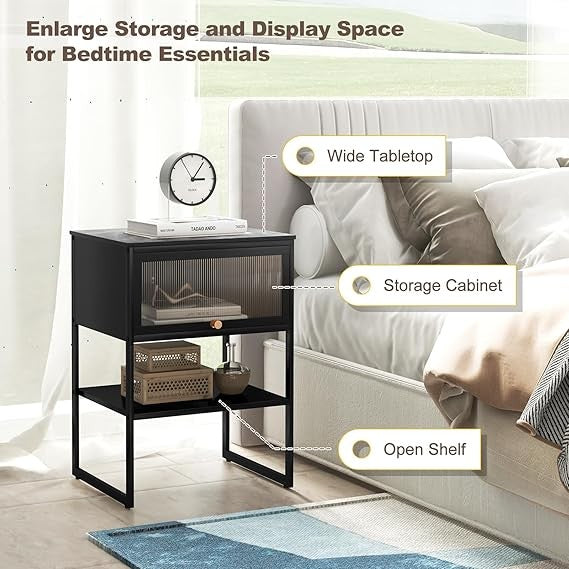Modern Black Bedside Table with Flip-Up Door & Storage Shelf | Metal Frame