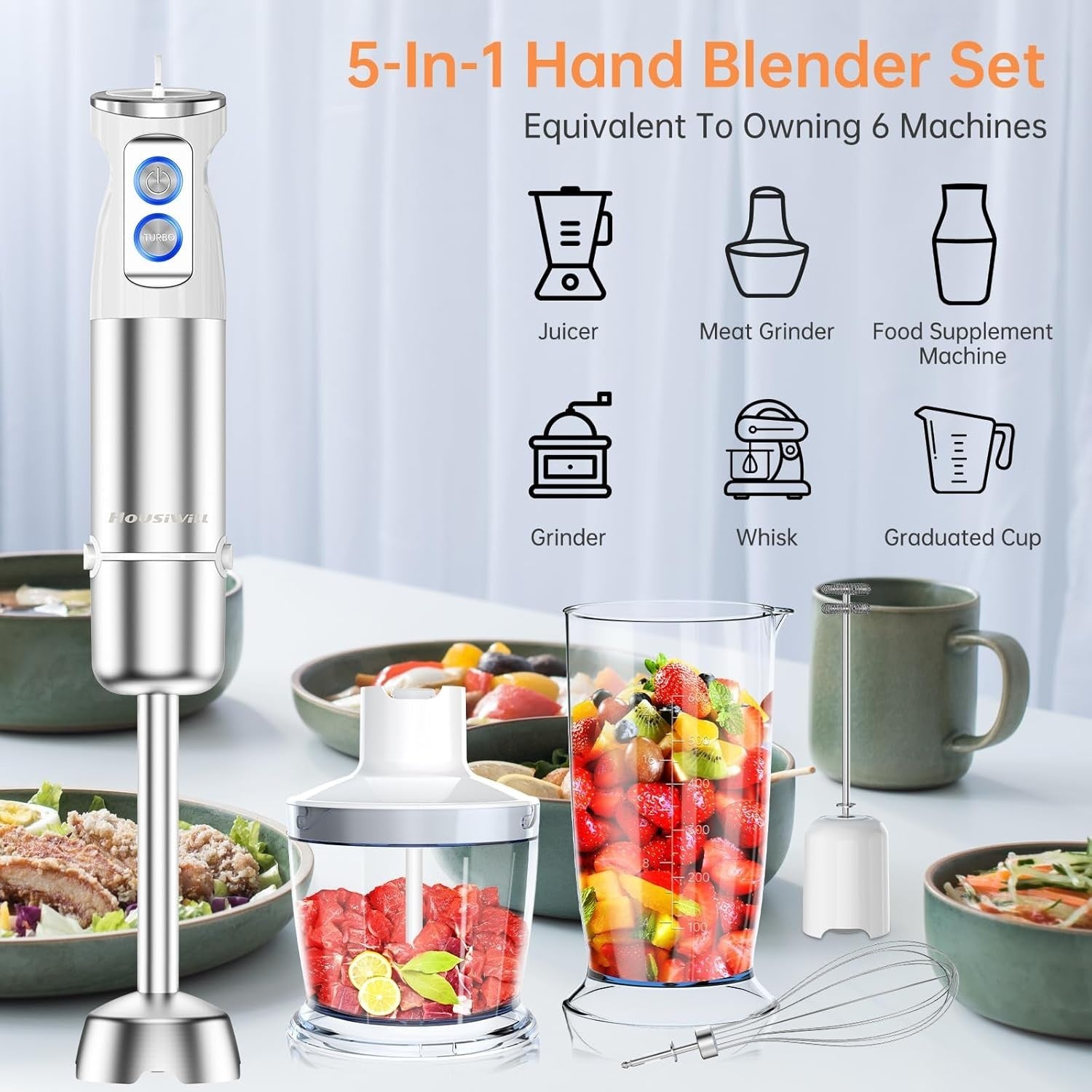 Powerful 5-in-1 Hand Blender 1000W | 12-Speed Adjustable | Food Chopper & Whisk