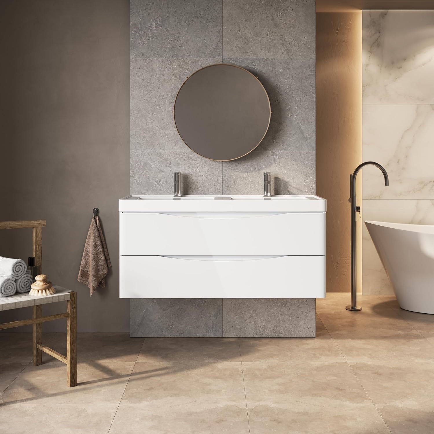 1200mm Wall Hung Vanity Unit White Gloss Double Resin Basin Bathroom Cabinet