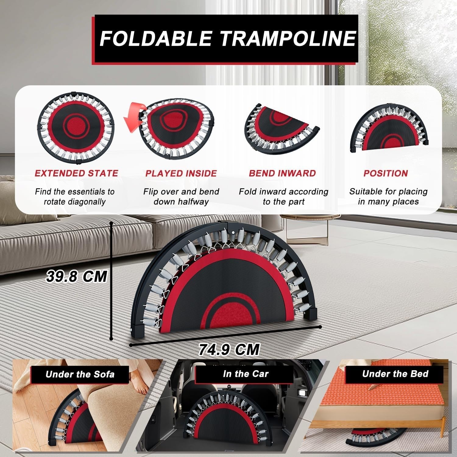 40in Foldable Fitness Rebounder Adjustable Handle Bands Indoor