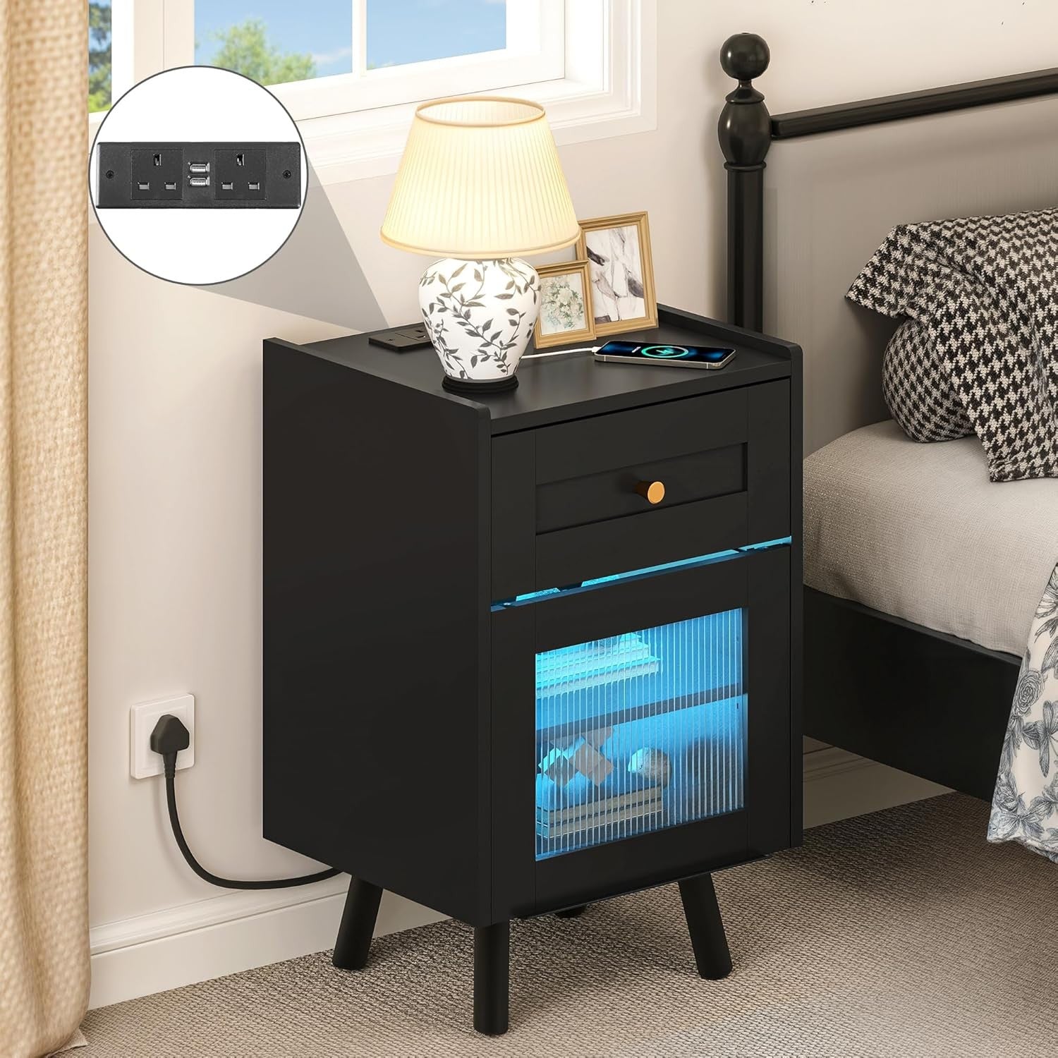Black LED Bedside Table | Nightstand with Drawer & Adjustable Shelf 40×62cm