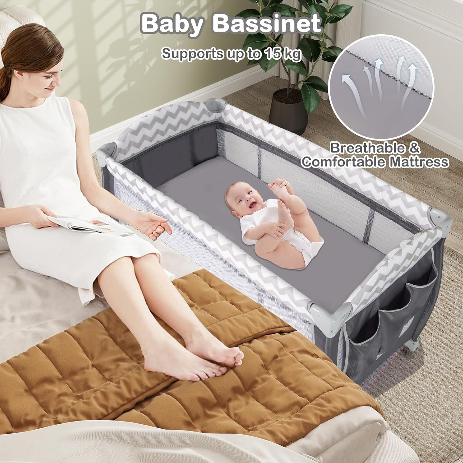 4in1 Travel Cot Baby Bedside Foldable Crib Bassinet Portable Playard Grey
