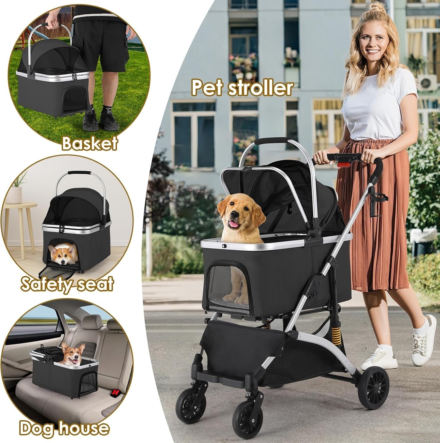 3 in 1 Pet Stroller Folding Dog Cat Pram 360 Wheels Storage Basket Black