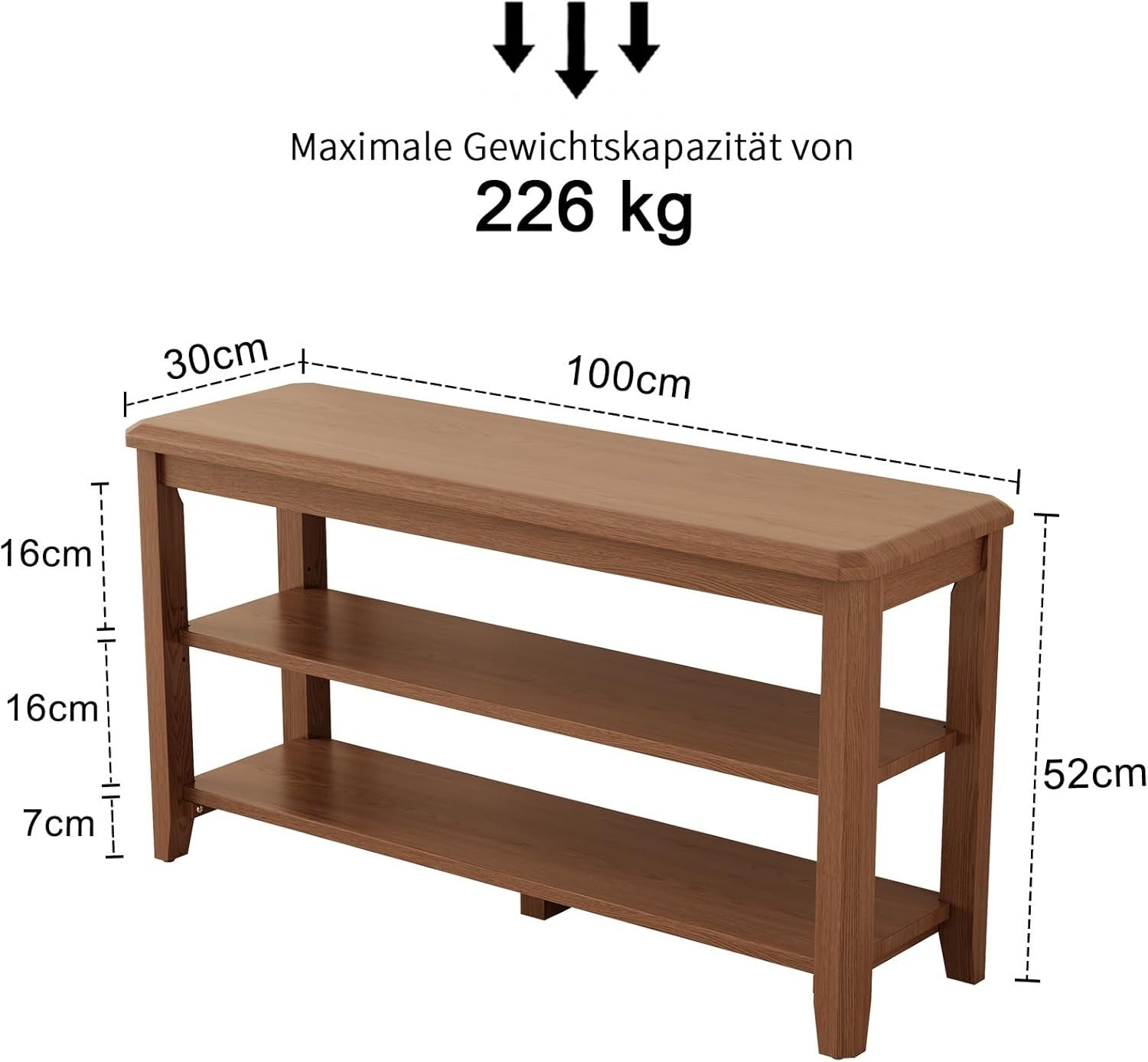 Large Wooden Shoe Bench with Adjustable Shelves | 2-Tier Walnut Entryway Rack