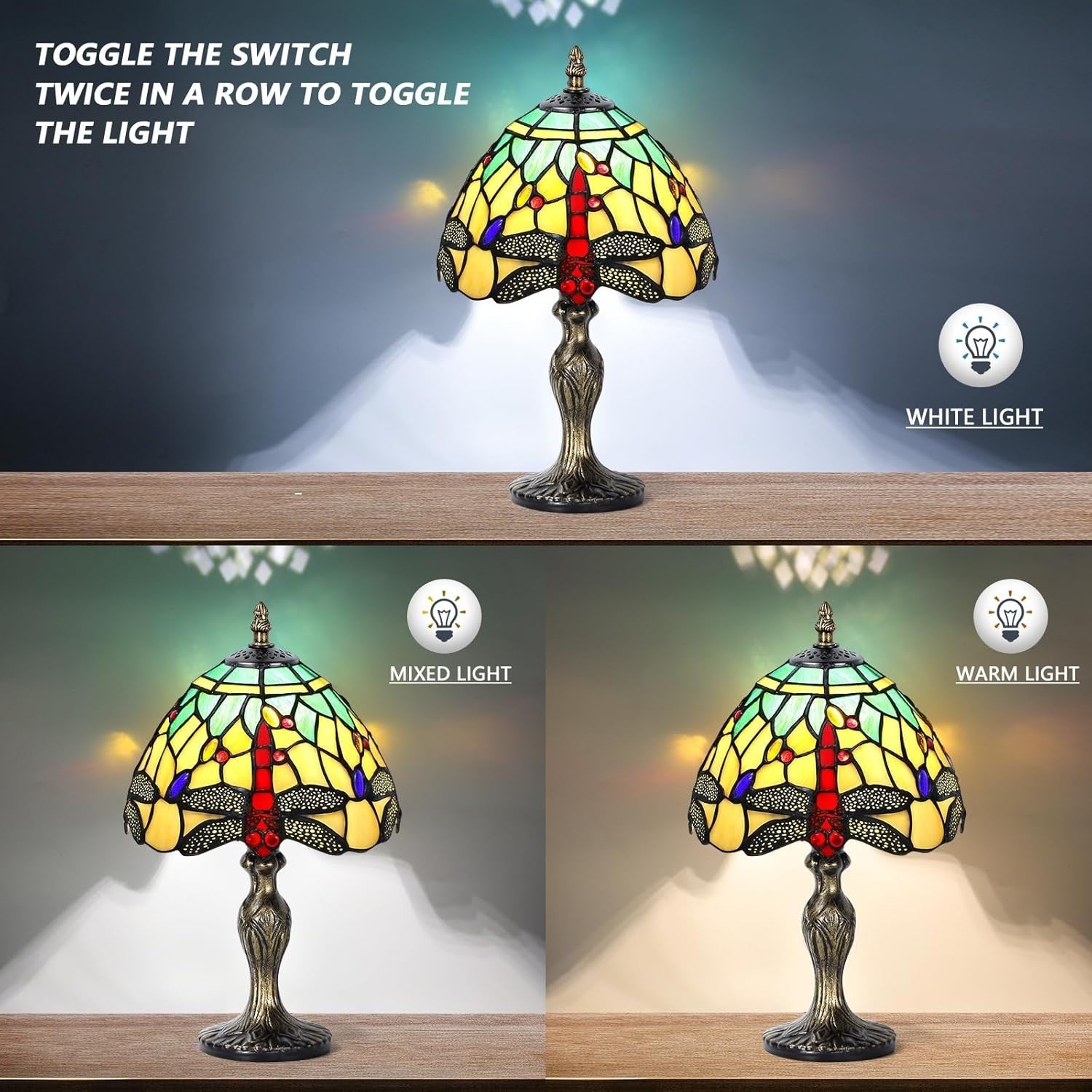 Vintage Stained Glass Table Lamp with Dragonfly Design Warm LED Light