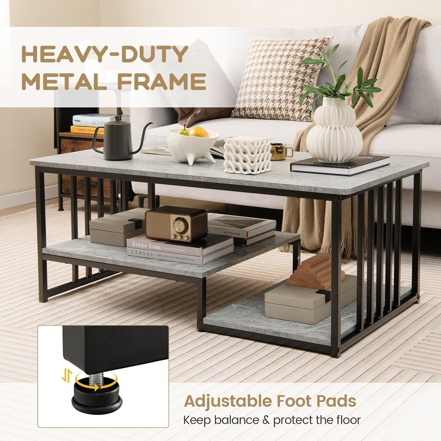 Modern Faux Marble Coffee Table 2-Tier Storage Shelf Rectangular Living Room