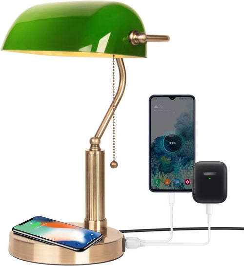 Vintage Green Glass Desk Lamp with Wireless Charging & USB Port, 32cm