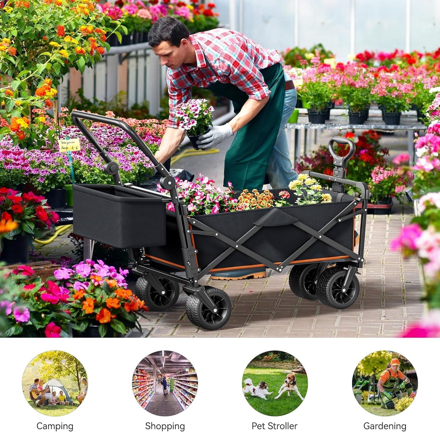 Black Folding Beach Wagon Cart w/ Canopy Oversized Wheels Push Pull 220lbs