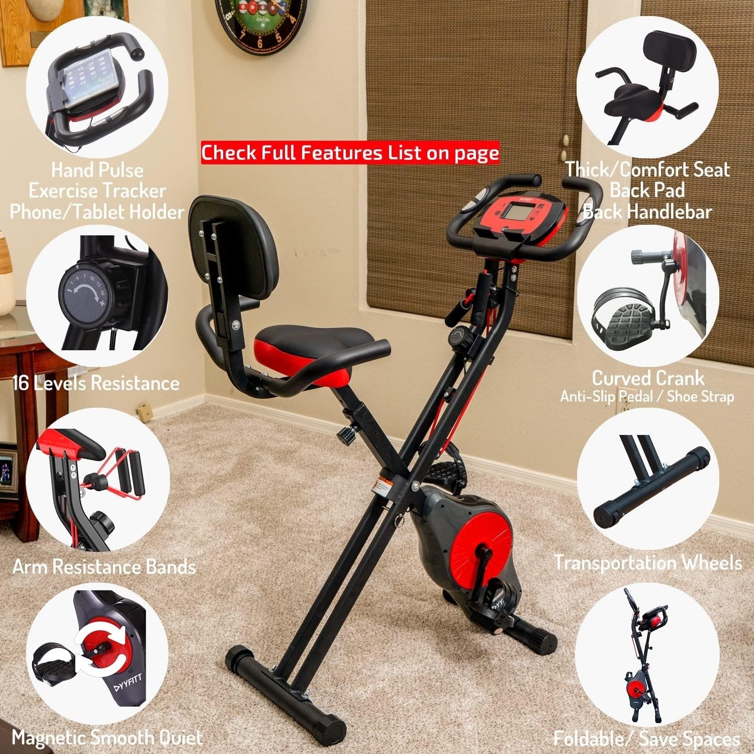 Foldable Magnetic Exercise Bike w/ 16 Levels, Pulse Sensor, Bands & Holder