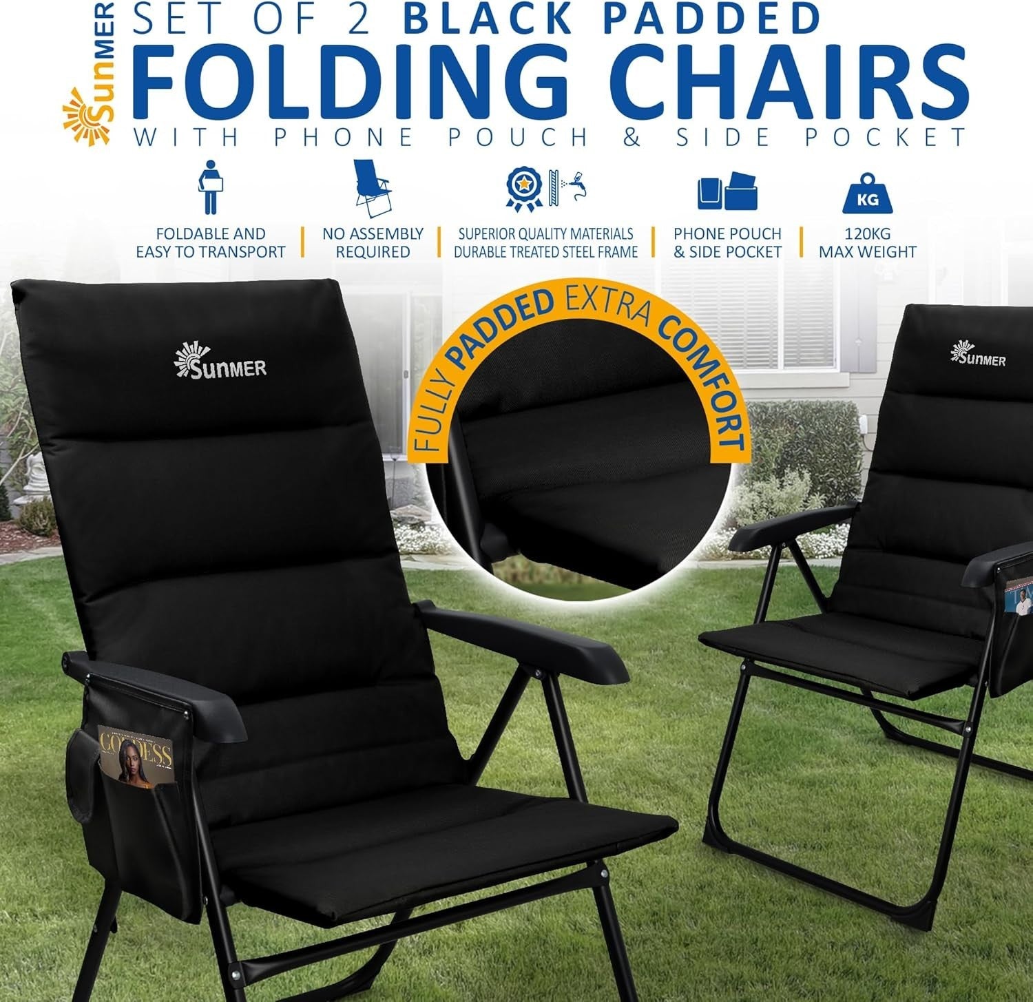 Luxury Padded Folding Recliner Chairs Set of 2 Outdoor Garden Camping Deck