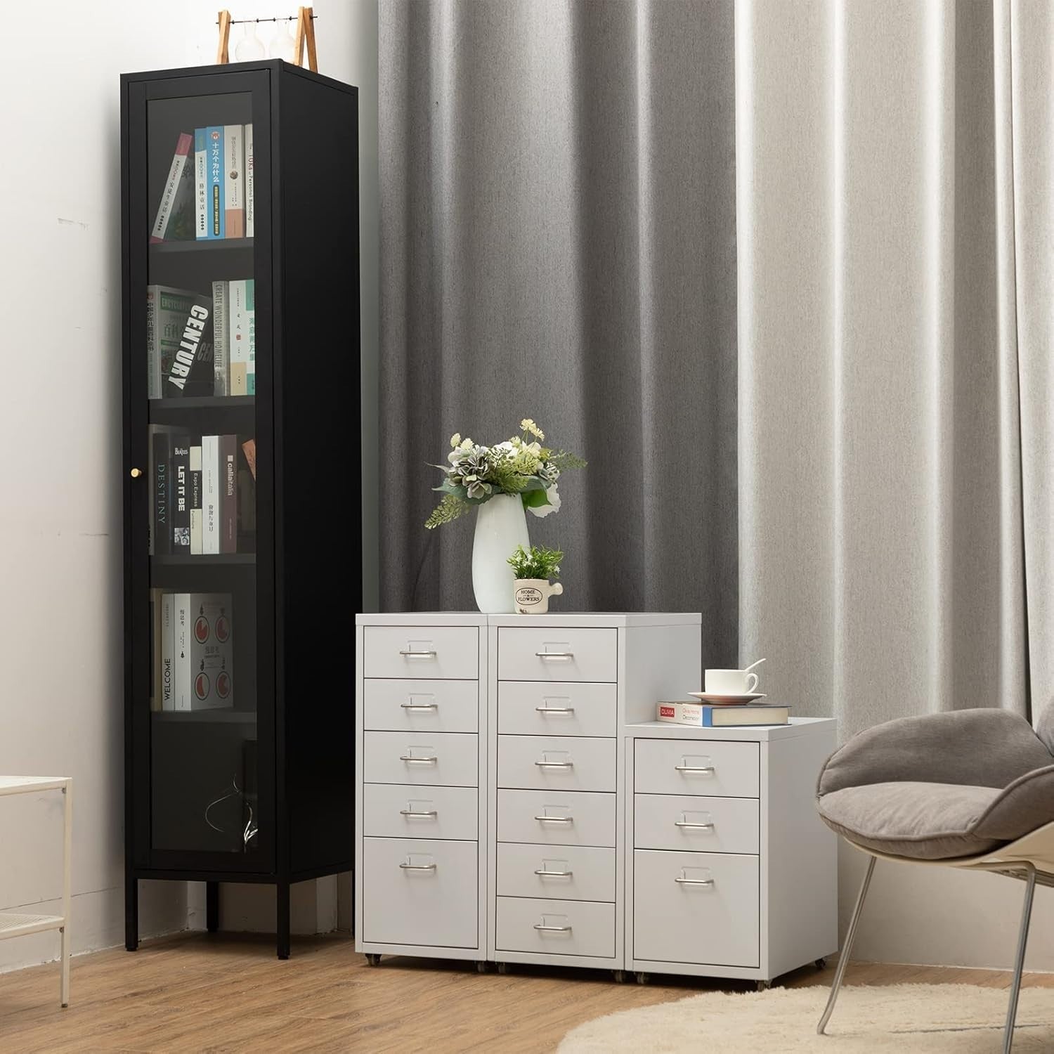 Slim White Metal Rolling Cabinet 5 Drawer Mobile File Storage