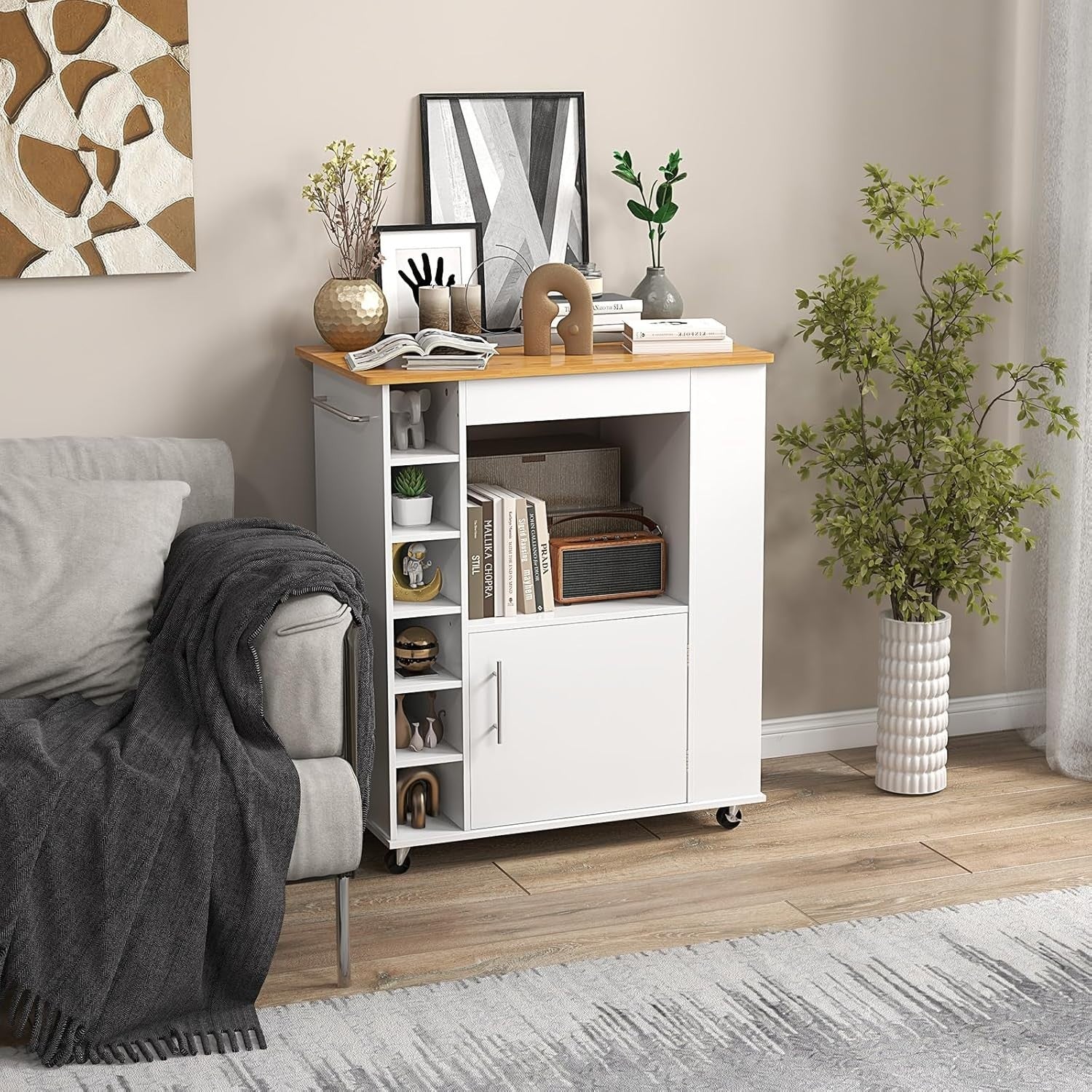 Kitchen Island Trolley on Wheels Bamboo Top Wine Rack