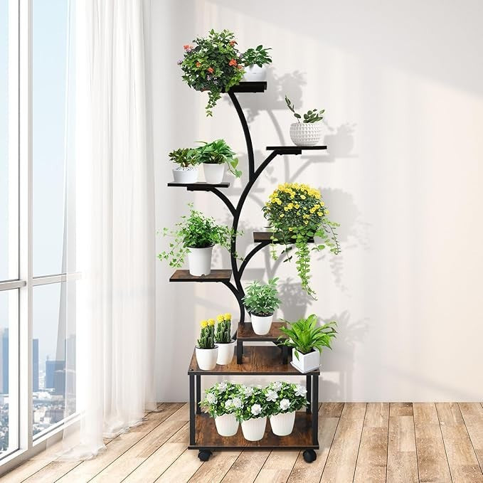 8 Tier Metal Wood Plant Stand with Grow Light Tall Flower Shelf Indoor Outdoor
