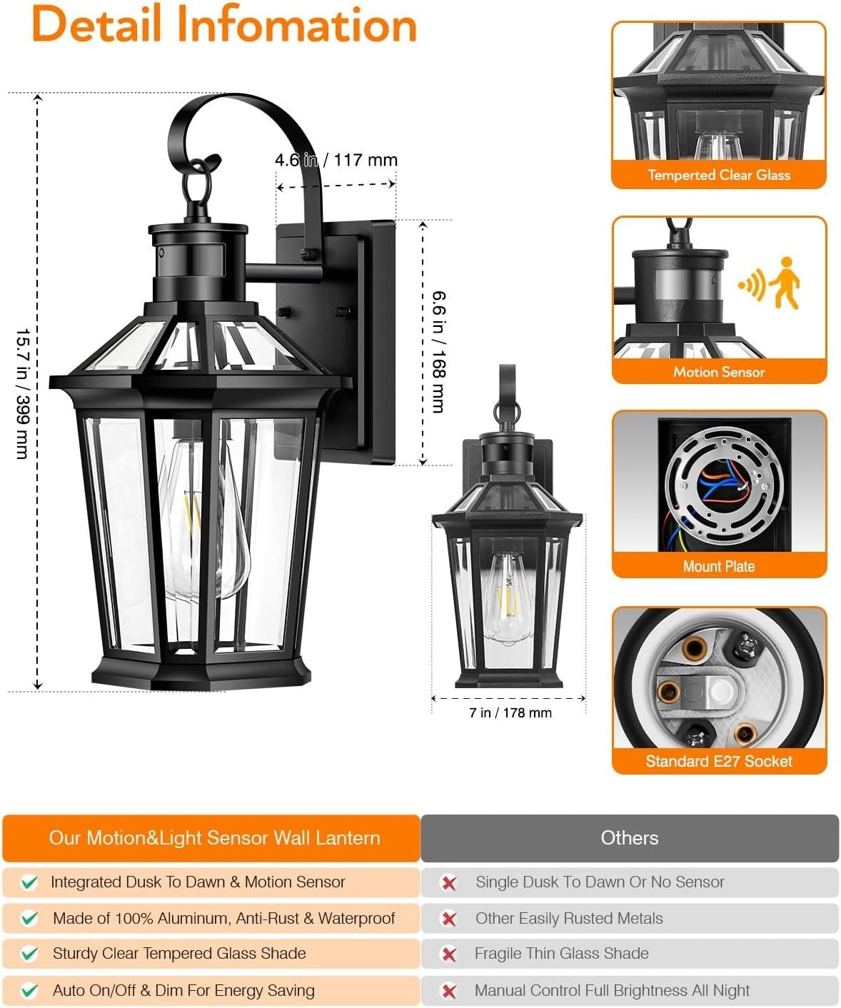 Motion Sensor Outdoor Wall Light, Waterproof Dusk to Dawn Porch Lamp