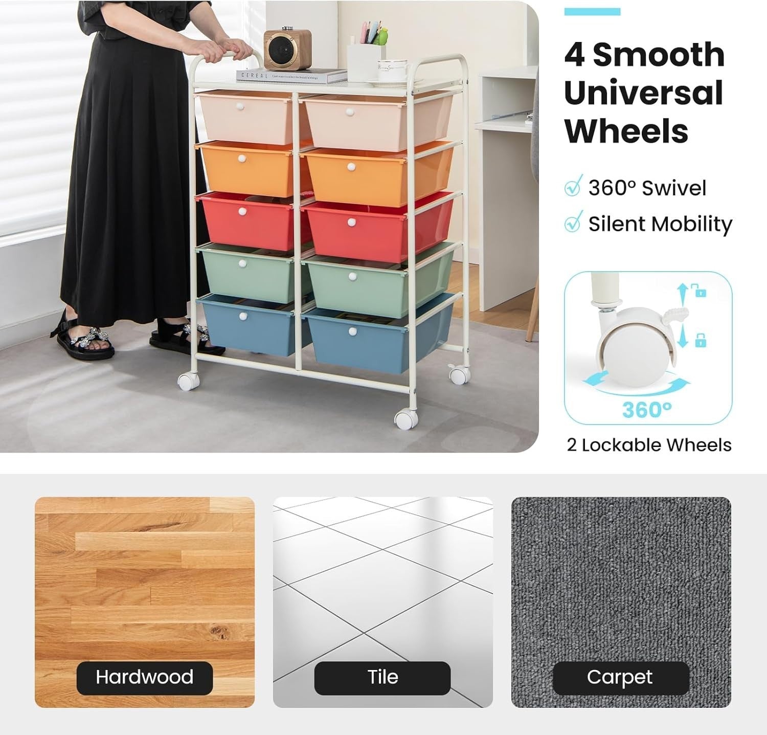 10 Drawer Rolling Storage Cart Mobile Organizer Trolley Lockable Wheels