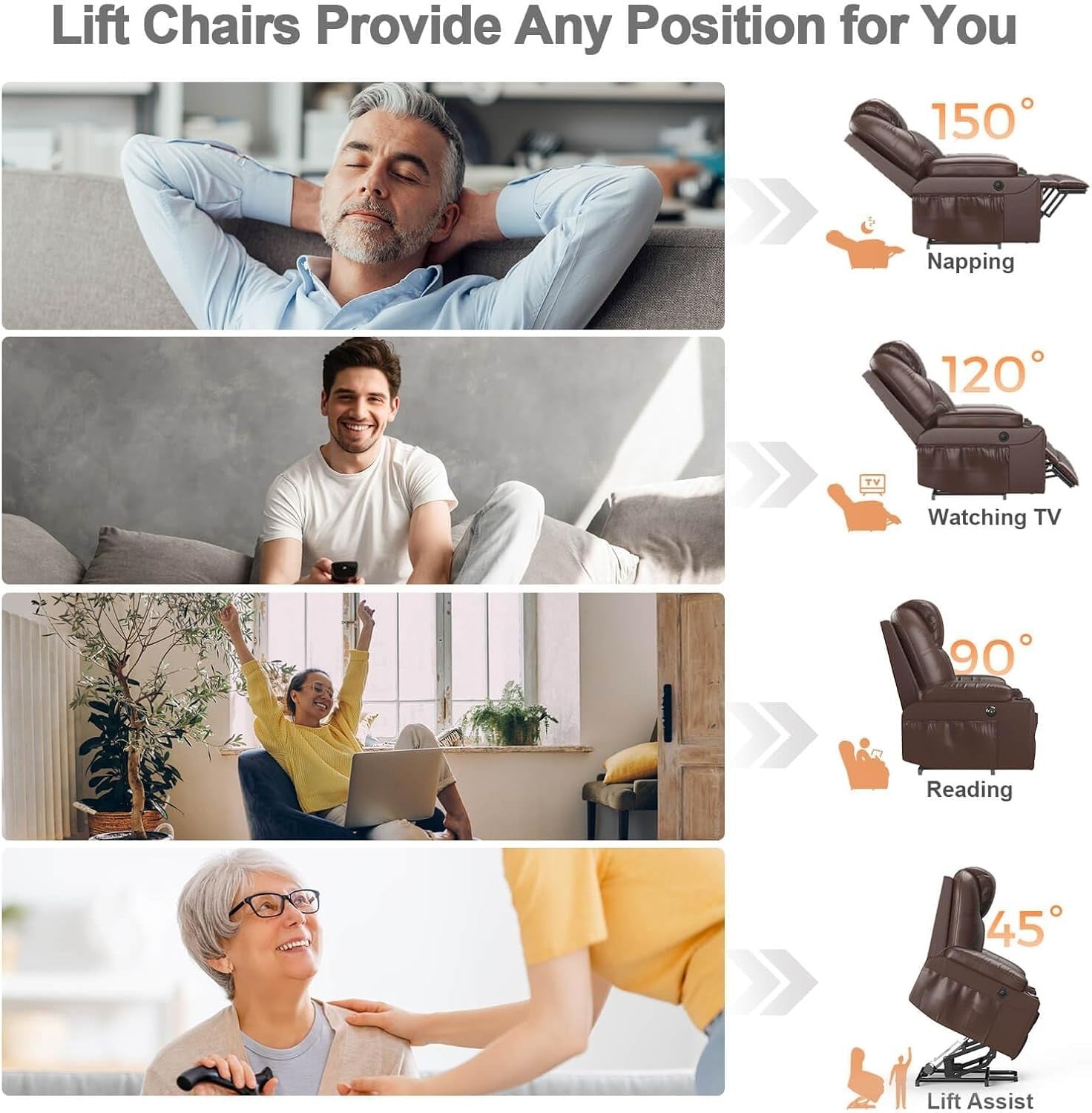 Power Lift Recliner Chair Massage Heat USB Type-C Cup Holders Faux Leather Brown