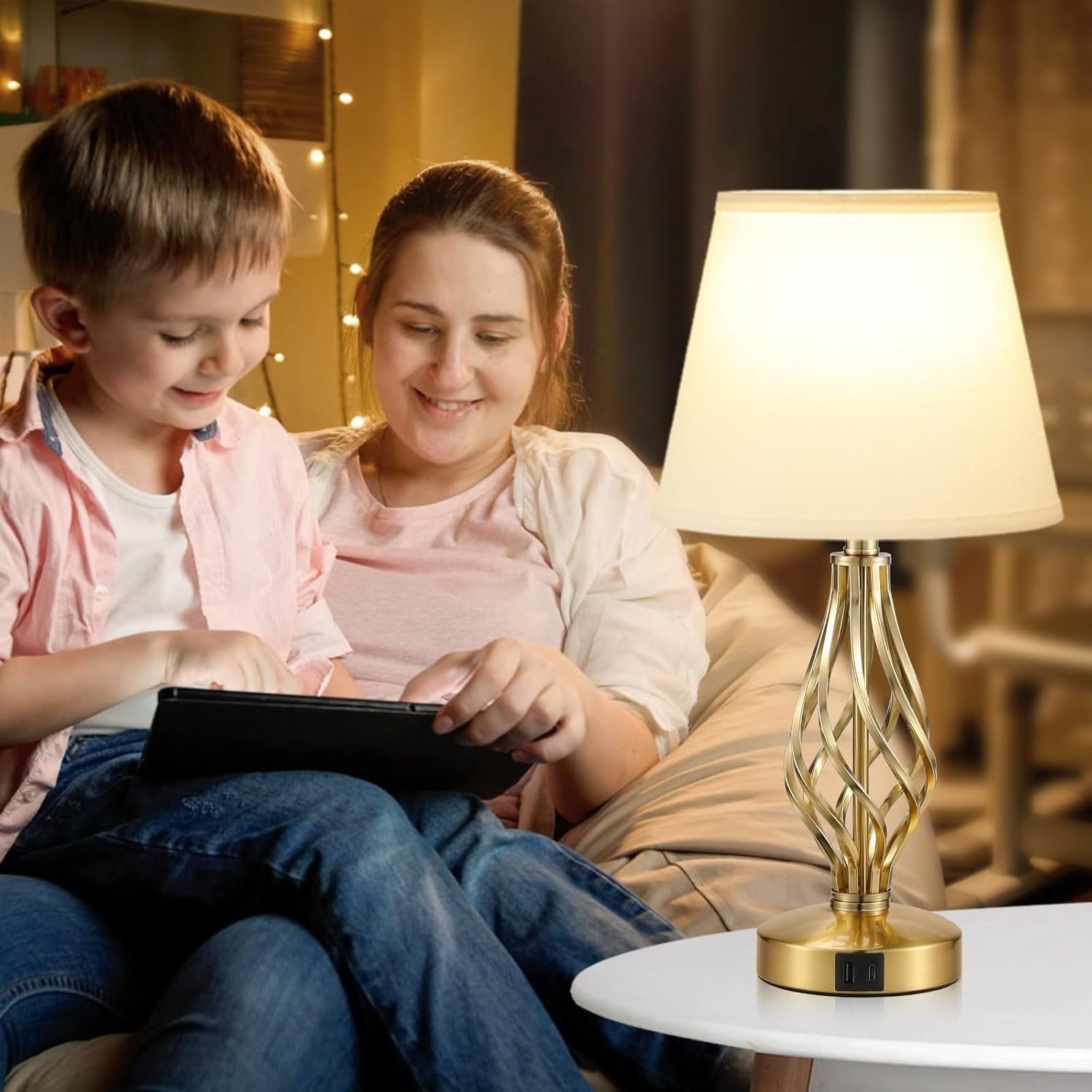 Gold Bedside Lamps Set of 2 USB Charging 3-Way Touch White Shade 47cm