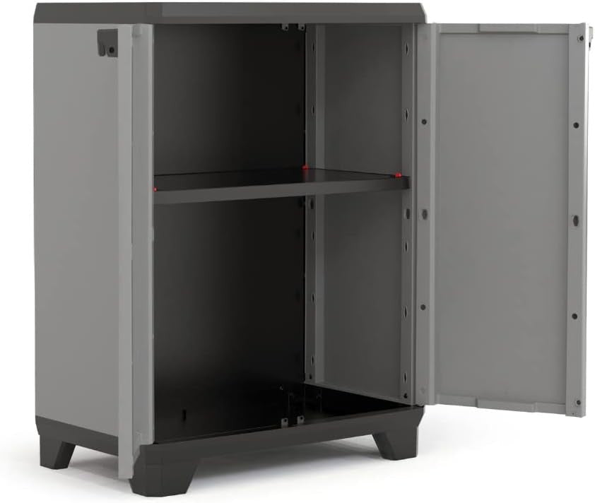 Low Garage Storage Cabinet | Heavy Duty Plastic Cupboard with Shelves & Lock