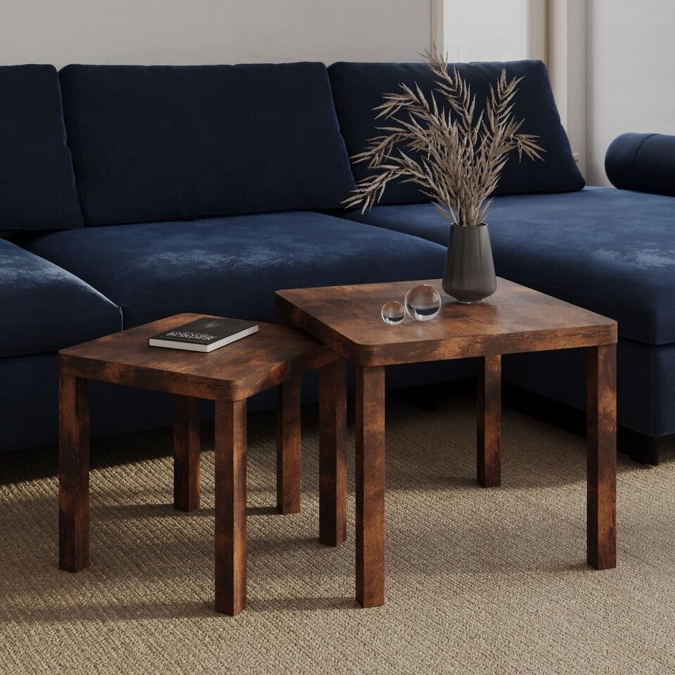 Square Wooden Nesting End Tables Set 2 Rustic Brown Coffee Side Sofa Space Savin