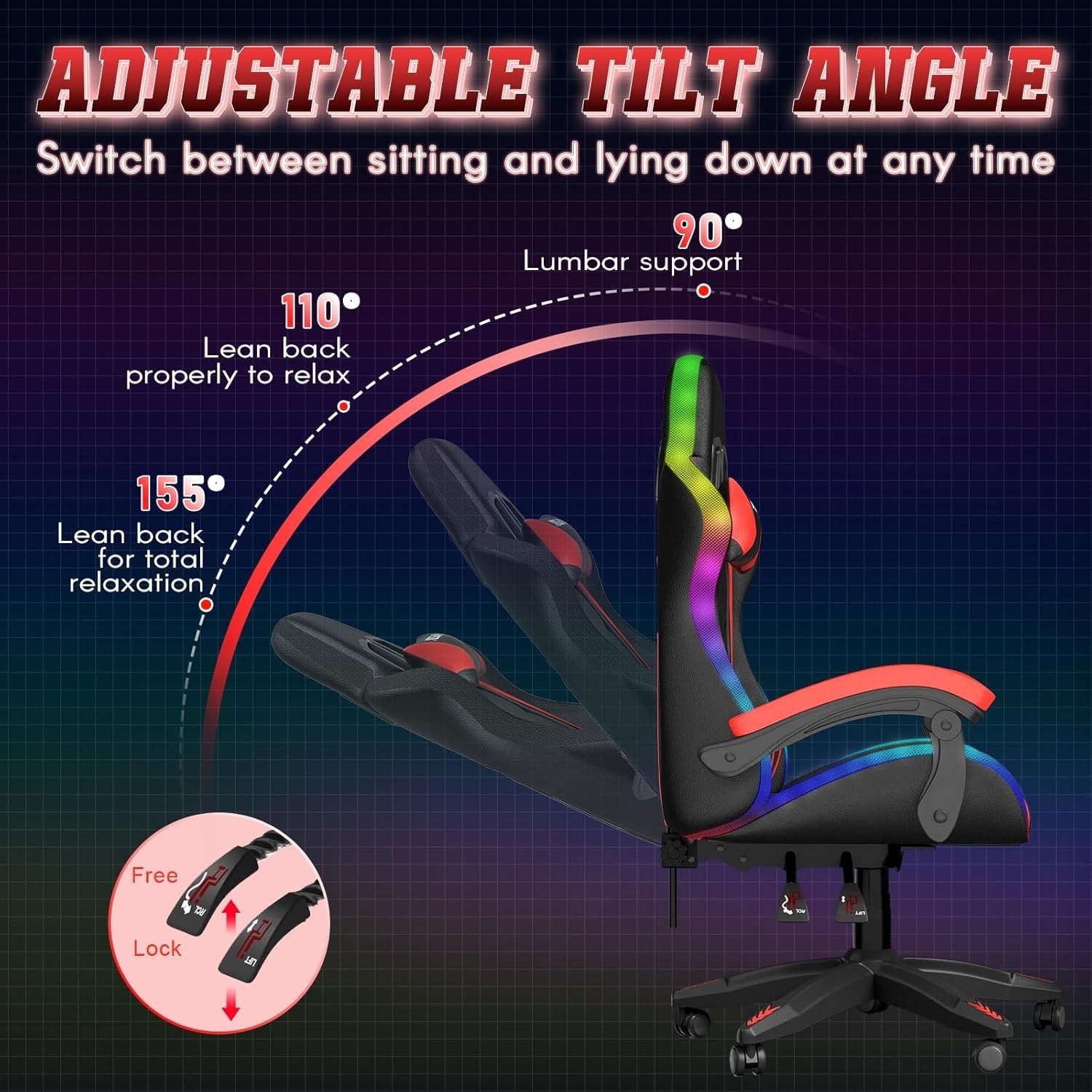 RGB Gaming Chair LED Lights Reclining PU Leather Red Black