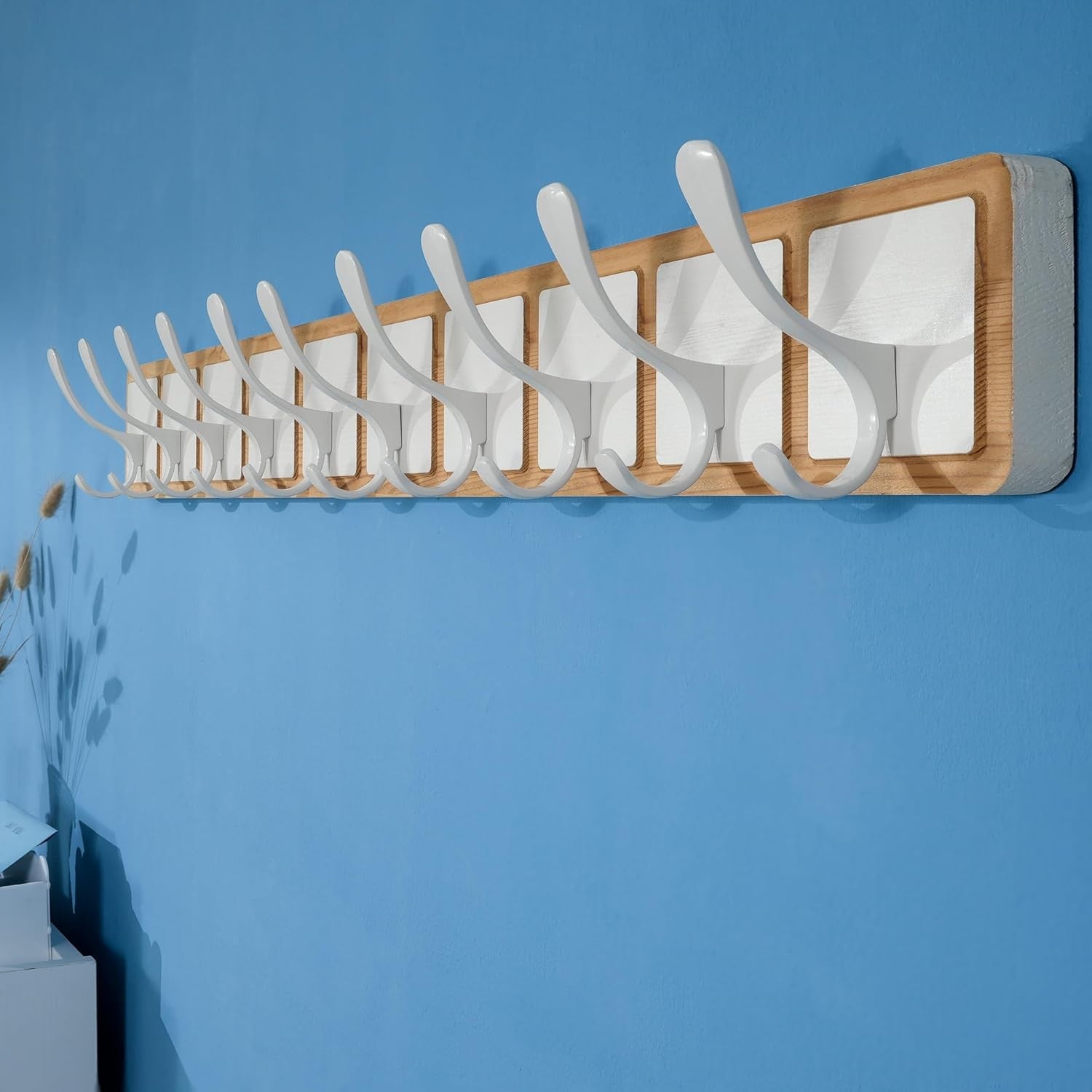 Scandi Wooden Wall Coat Rack | 10 Hook White & Natural Hanger Rail