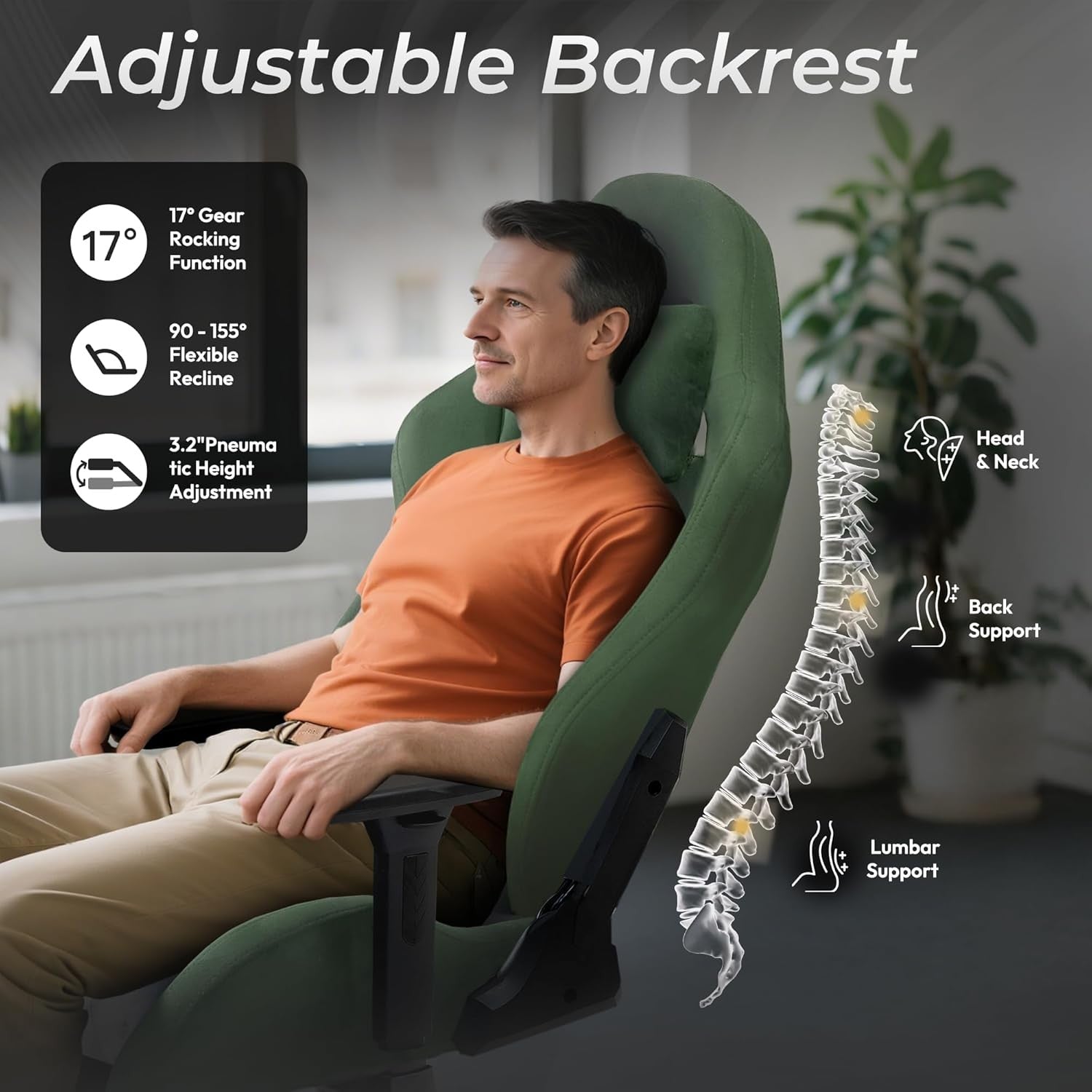 Big & Tall Gaming Chair 160° Recline Footrest Massage Green