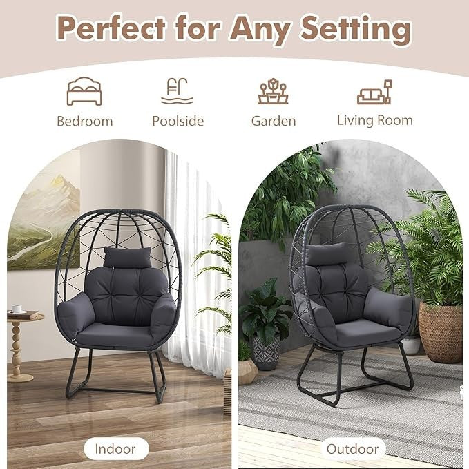 Oversized Rattan Egg Chair with Cushions & Headrest – Indoor Outdoor Lounge