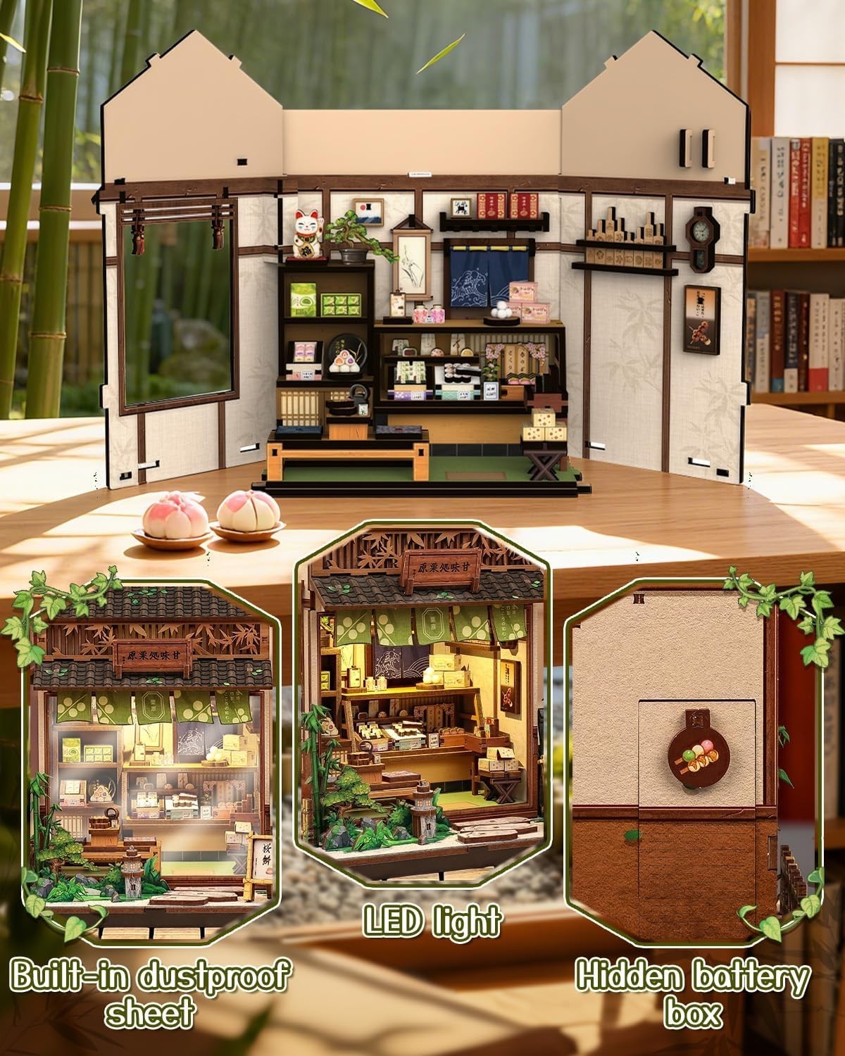DIY Book Nook Kit Japanese Wagashi Shop LED Miniature Bookend Decor