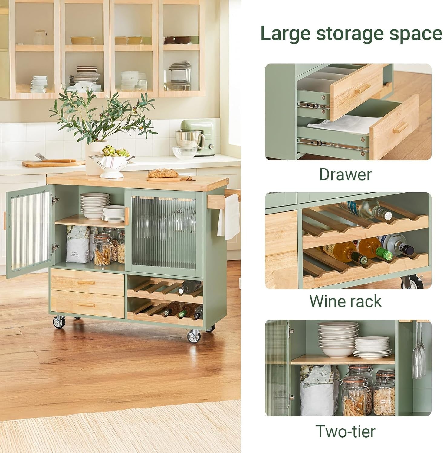 Mobile Kitchen Island on Wheels Glass Door Storage Trolley Wood Worktop