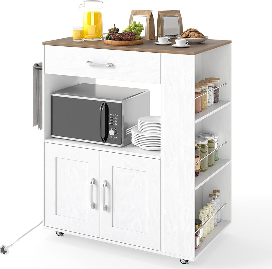 White Rolling Kitchen Island Cart with Power Outlets