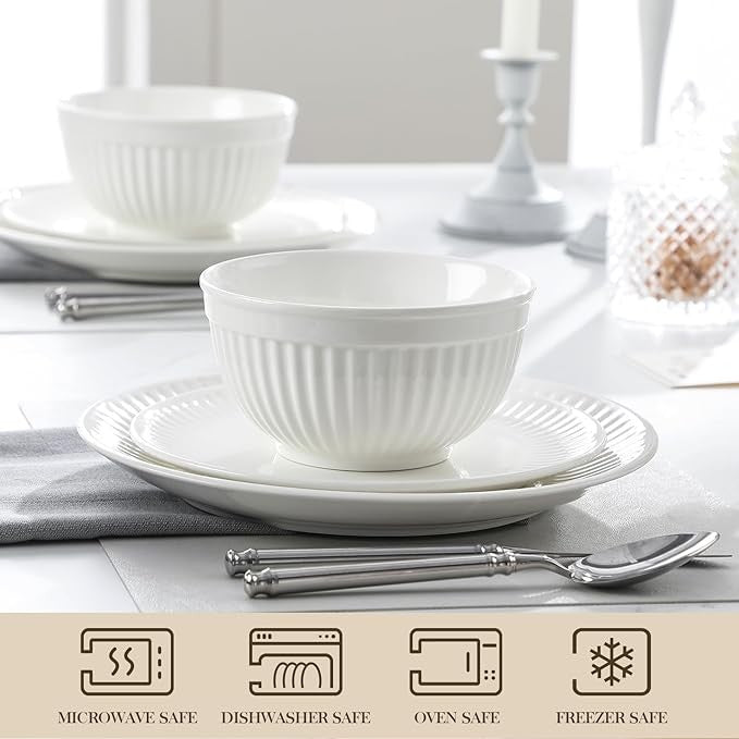 12 Piece White Porcelain Dinner Set for 4 Embossed Plates Bowls Set