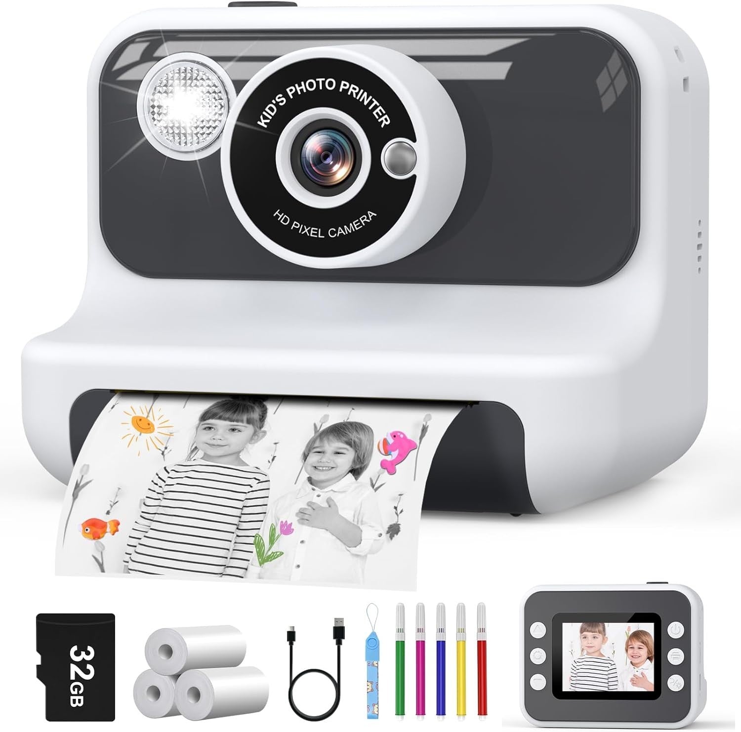 Kids Instant Print Camera 1080P HD 32GB Card Photo Paper Toy White