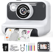 Kids Instant Print Camera 1080P HD 32GB Card Photo Paper Toy White