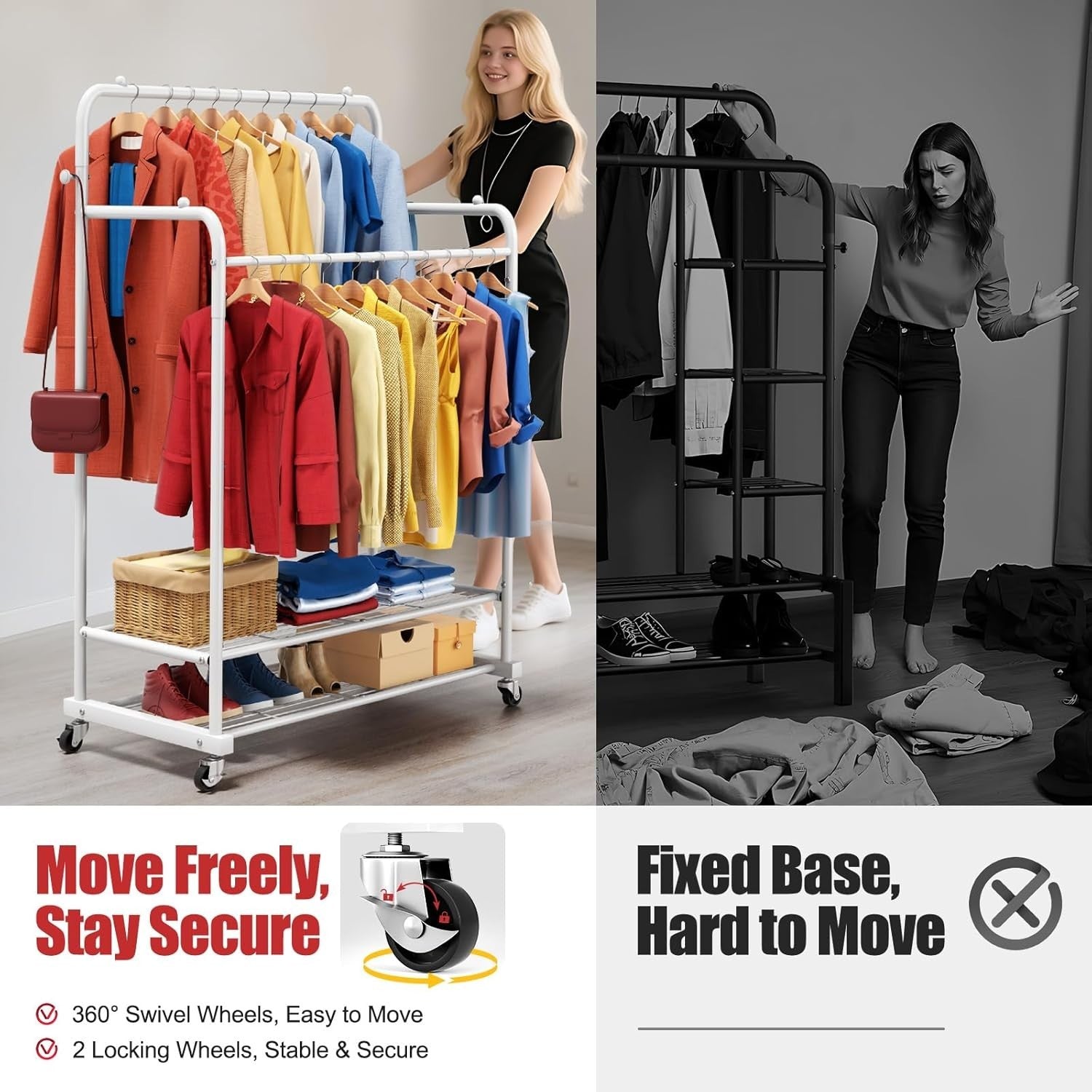 Heavy Duty Double Rod Clothes Rail with Wheels – White 72×41×155cm