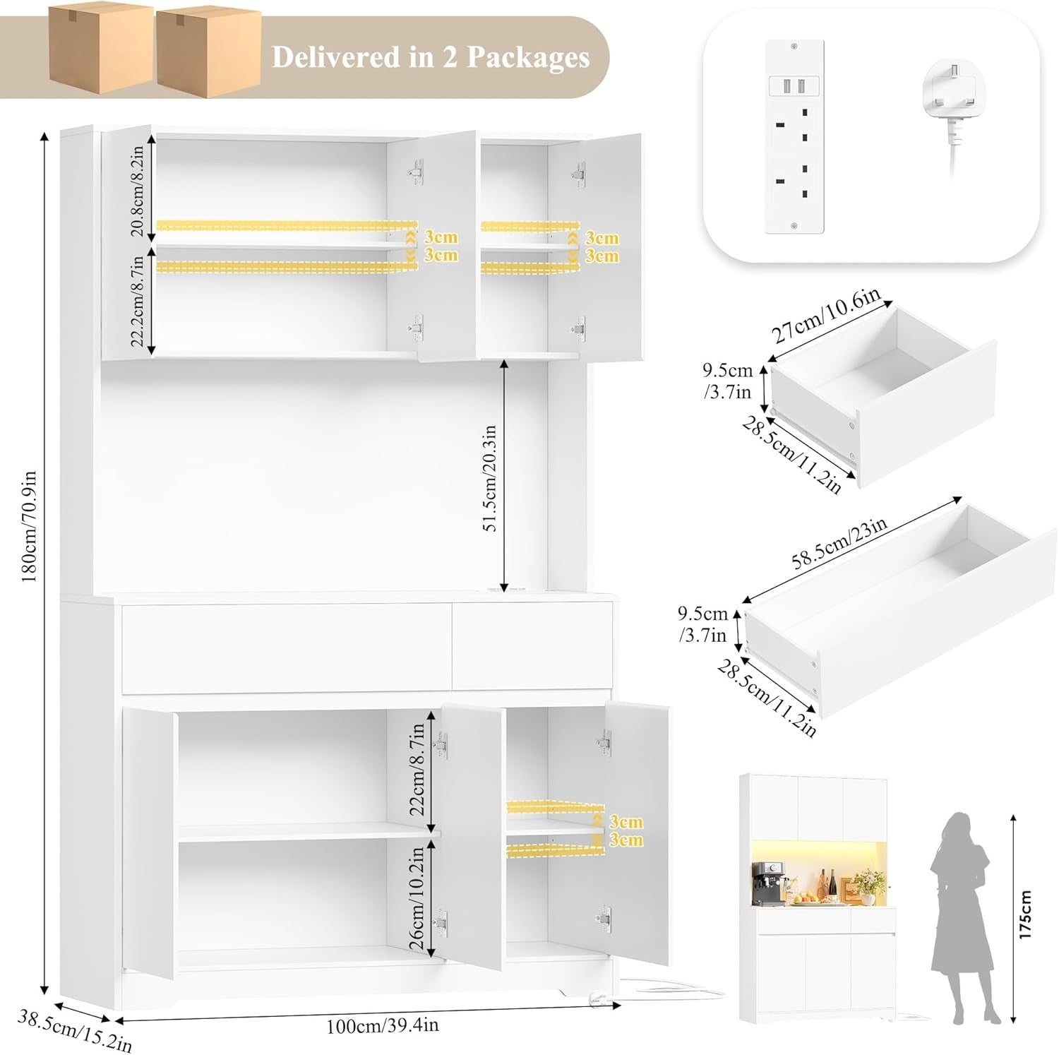 White 180cm Tall Kitchen Cupboard 6 Doors 2 Drawers LED & Power Outlet