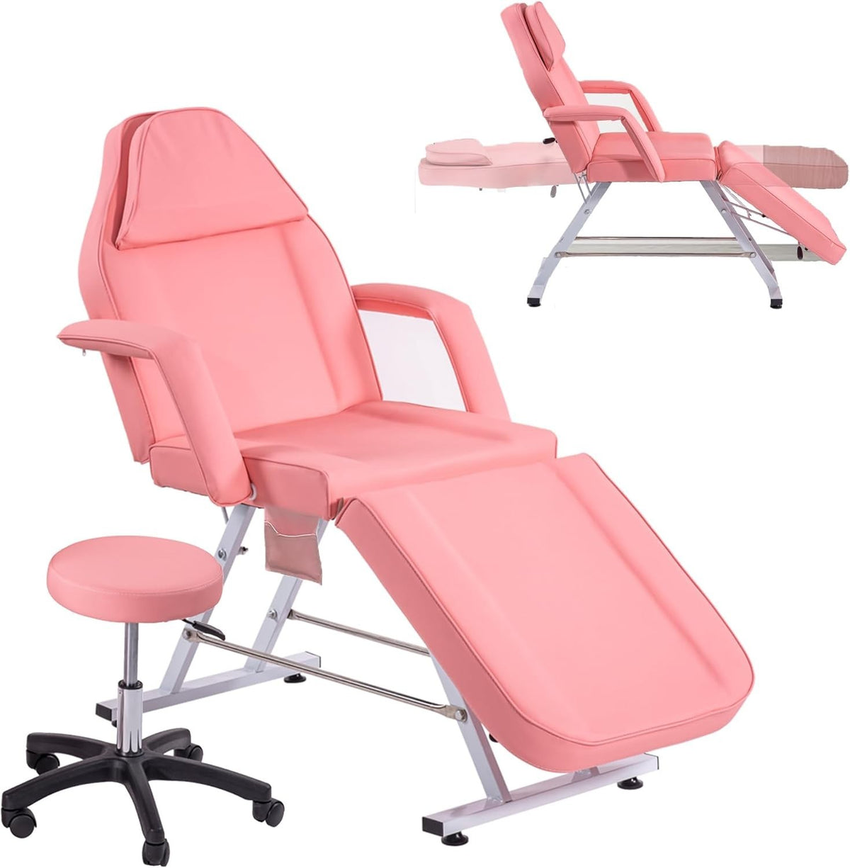 Adjustable 3-Section Beauty Massage Bed w/ Head Cushion & Swivel Stool Pink