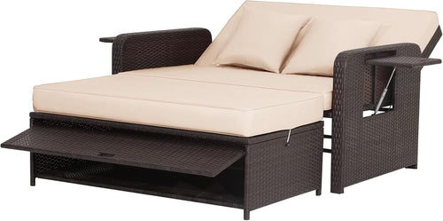 Beige+Brown 2-Seater Rattan Daybed Outdoor with Adjustable Back & Ottoman