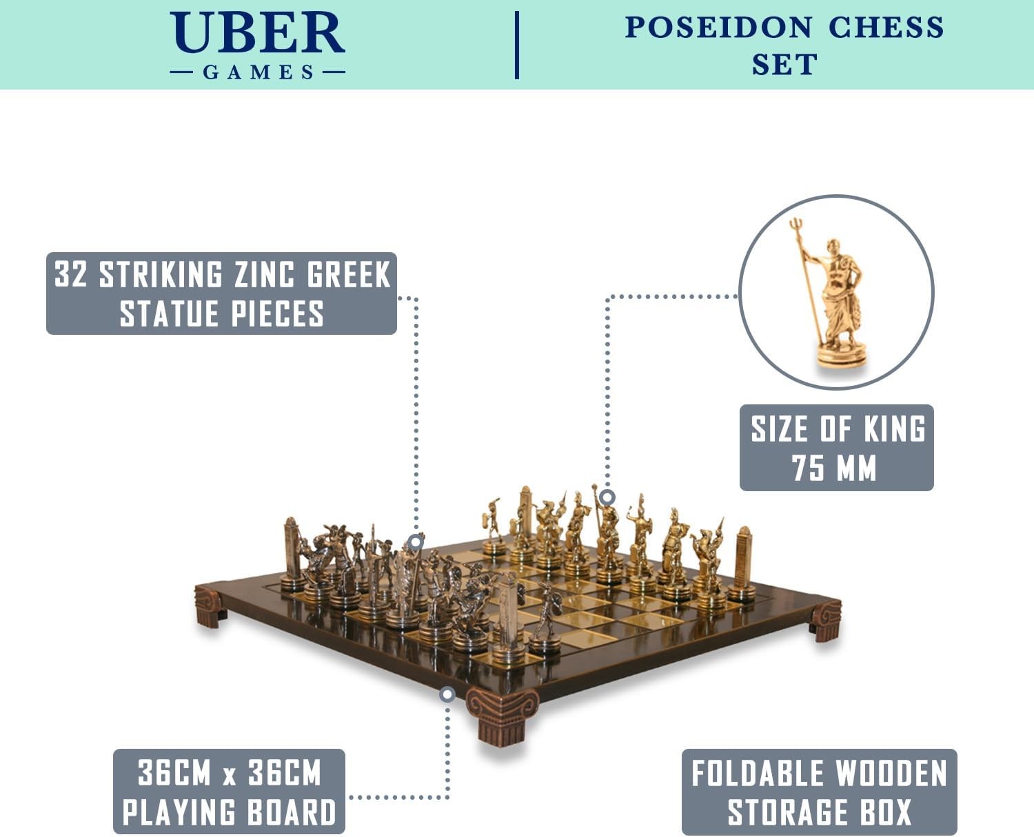 Luxury Greek Statue Chess Set | Zinc Gold & Silver Pieces | 36cm Raised Board