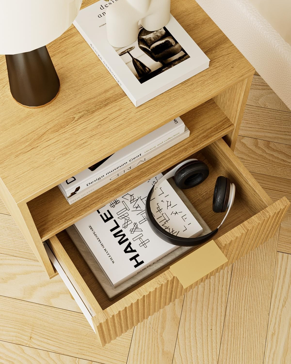 Oak Bedside Table with Drawer & Open Shelf | Modern Wooden Nightstand