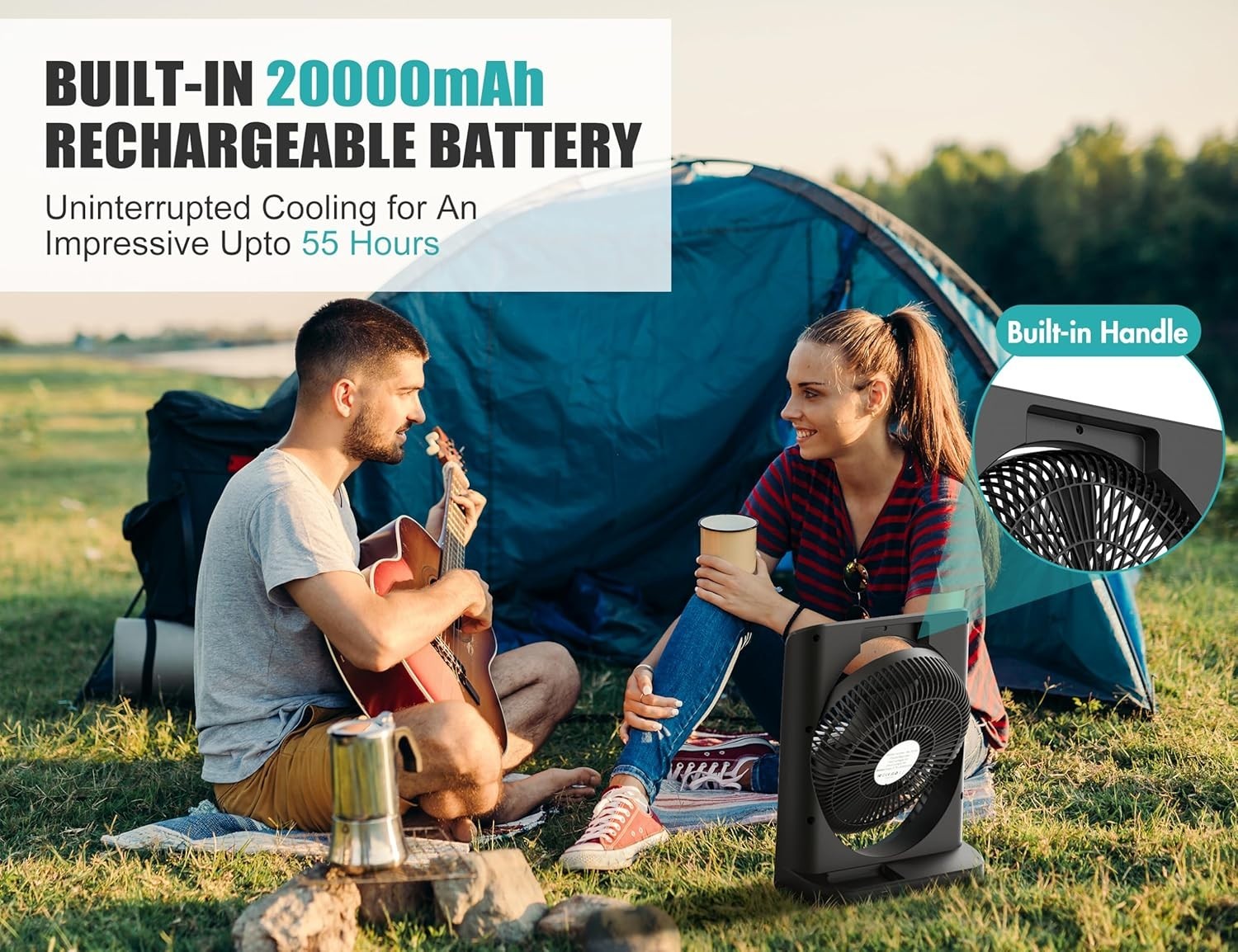 Black Window Fan – 20000mAh Rechargeable 10" Box Fan, 4-Speed Quiet Cooling