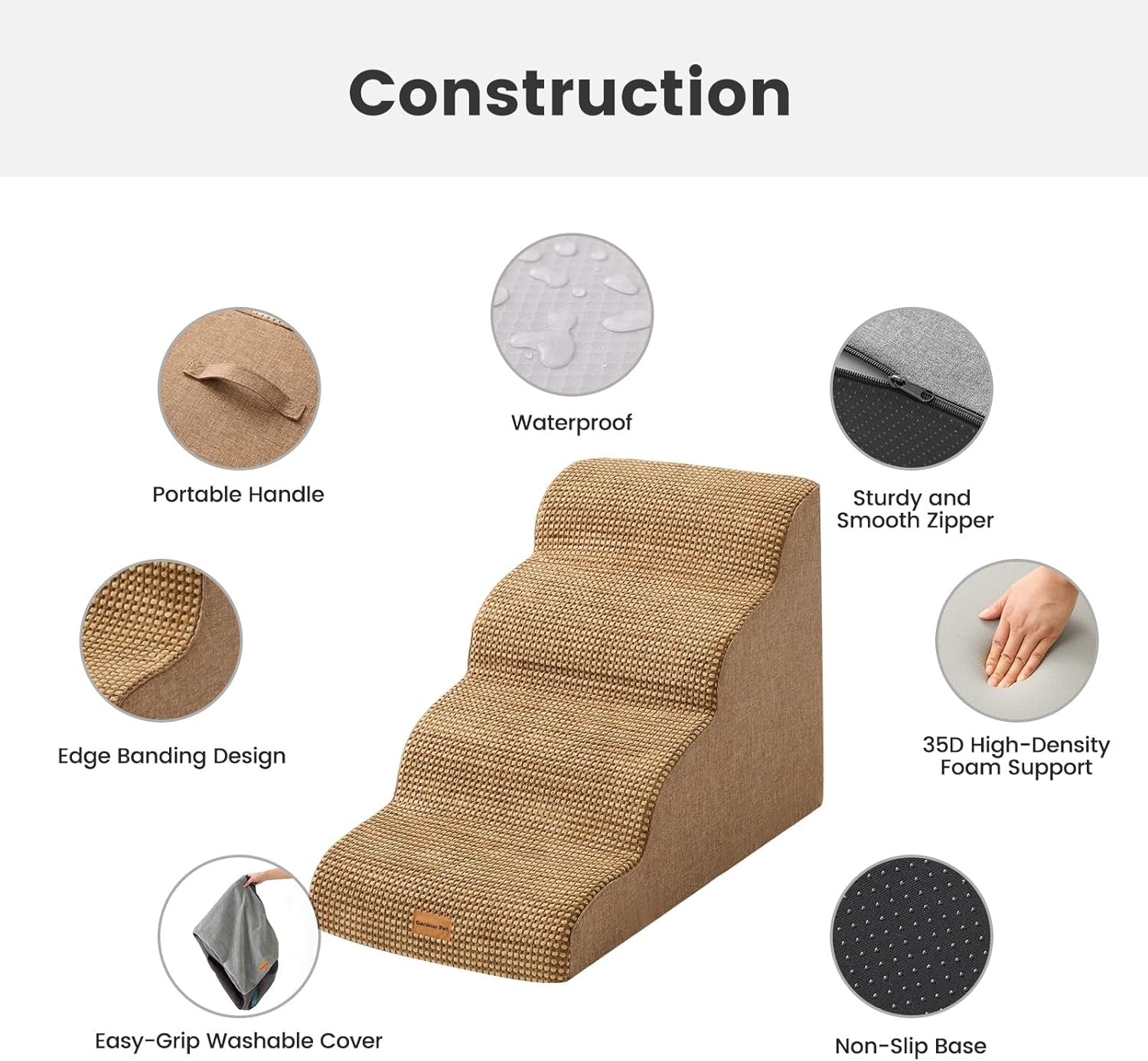 4 Step Dog Stairs Pet Ramp for Bed Sofa Non Slip Washable Brown