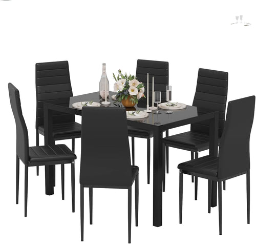 Modern Black Glass Dining Table & 6 Faux Leather Chairs – Durable Comfort