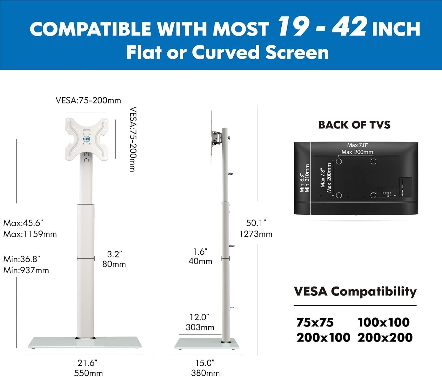 Height Adjustable TV Floor Stand 19-42" Tilt Swivel Glass Base VESA