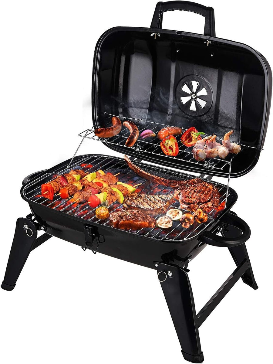 Portable Charcoal BBQ Grill with Lid & Folding Legs | Tabletop Outdoor Smoker
