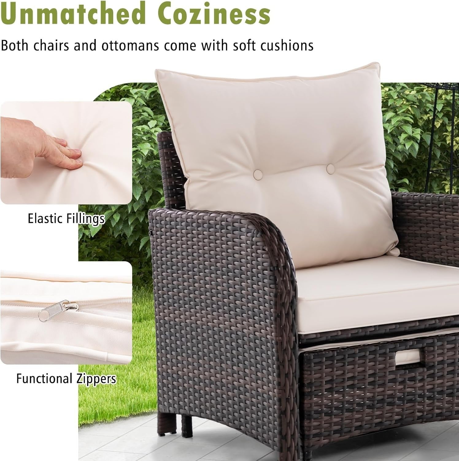 5PCS Garden Rattan Patio Set with Cushions, Coffee Table & Ottomans Outdoor